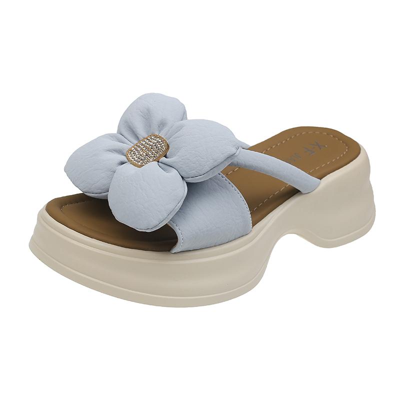 Fashion Platform Rhinestone Flower Slippers Women's Outward Wear Summer New Round Toe Open Toe Soft Sole Non-slip Flip-flops