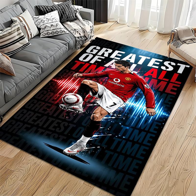 Soccer Star Area Rug, Cristiano Ronaldo Manchester United 7 GOAT Red Jersey Print, Football Fan Living Room Decor, Non-Slip Mat