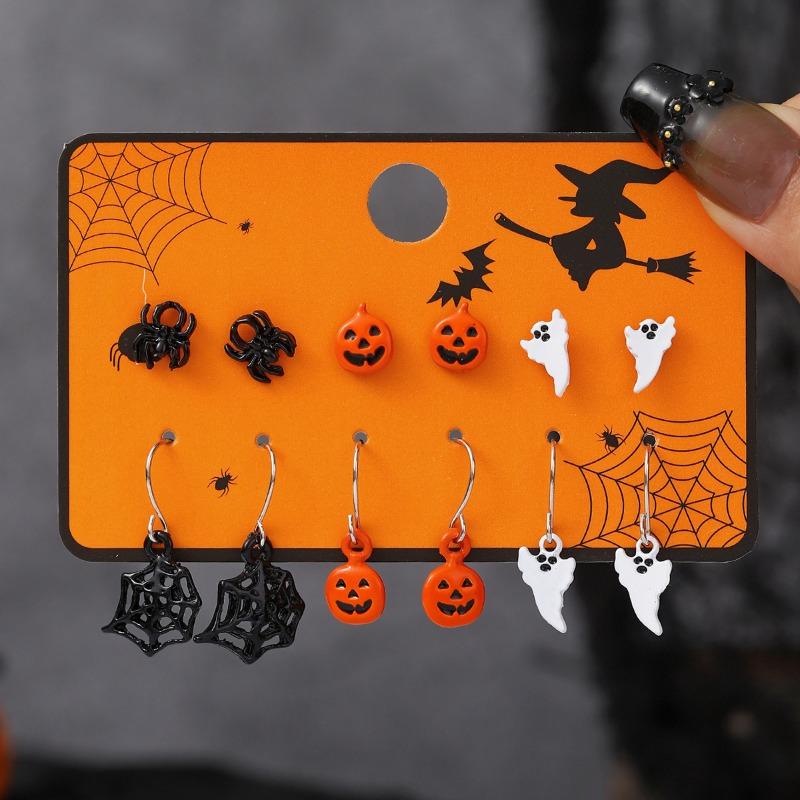 Hot Sale Halloween Stud Earrings Combination Cartoon Funny Pumpkin Head Ghost Bat Element Stud Earrings Set