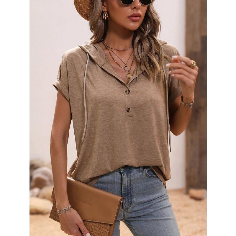 Summer Short Sleeved Hooded Women T-shirt New Loose Buttons Casual Simple T Shirt Female Plus Size Tops Women's Clothing 3267