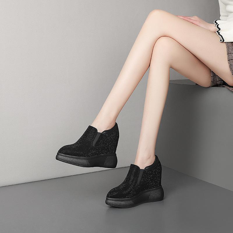 Niche Fashion Hot Diamond Deep Mouth Single Shoes 2025 Spring New Pointed Thick Sole Inner Height Increase Casual Small Leather Shoes Women's Shoes