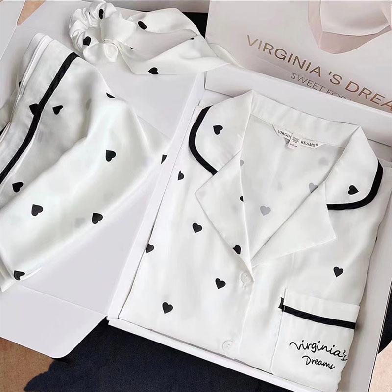 Damenpyjama im koreanischen Stil aus Seidenimitat - Langärmeliges zweiteiliges Set mit Tuschemalerei für Frühling und Herbst