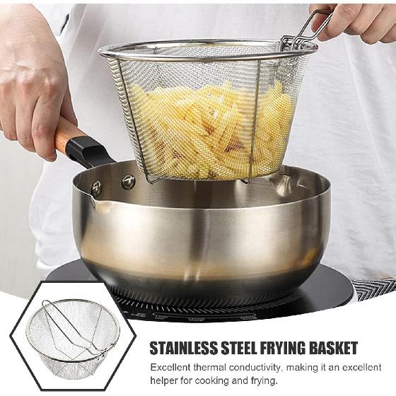 1Pc Stainless Steel Fry Basket with Handle, Round Wire Fry Basket, Steel French Fry Chip Basket (7.1 Inch)
