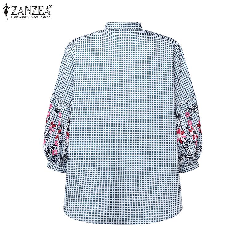 ZANZEA Women Casual Stand Neck Loose Plaid Print 3/4 Sleeve Blouse