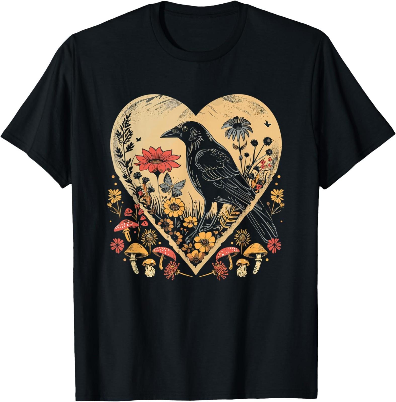 Black Raven Cottagecore Heart Flower Crow Nature T-Shirt S