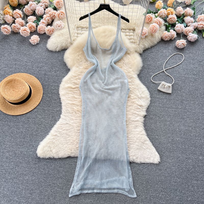 

Sexy Stage Nightclub Style See-through Mesh Strap Dress Women s Slim-Fit Slimming outside Wear Split Backless Sexy Dress Blue All yards