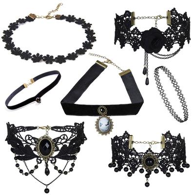 Shining Diva Fashion Jewellery Girls/Women's Black Fabric Lace Chokers Stylish Necklace Combo Set of 7 Pieces