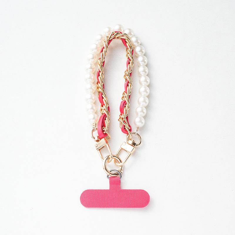 Women Short Wrist Pearl Chain Phone Lanyard Metal Buckle