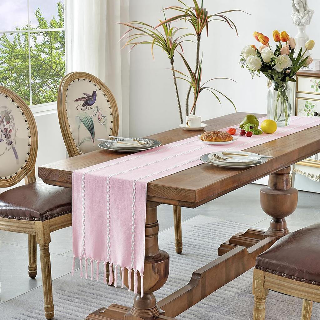Party, Dresser Decor and Dining Room Decorations Rustic Cotton Linen Table Runner  with Hand-Tassels