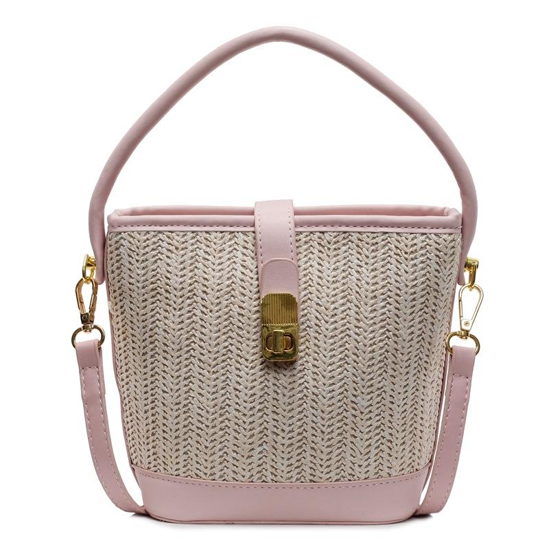 Korean Ins Casual Straw PU Hand-carried Bucket Bag Women's 2025 New Fashion Versatile Commuter Temperament Messenger Bag