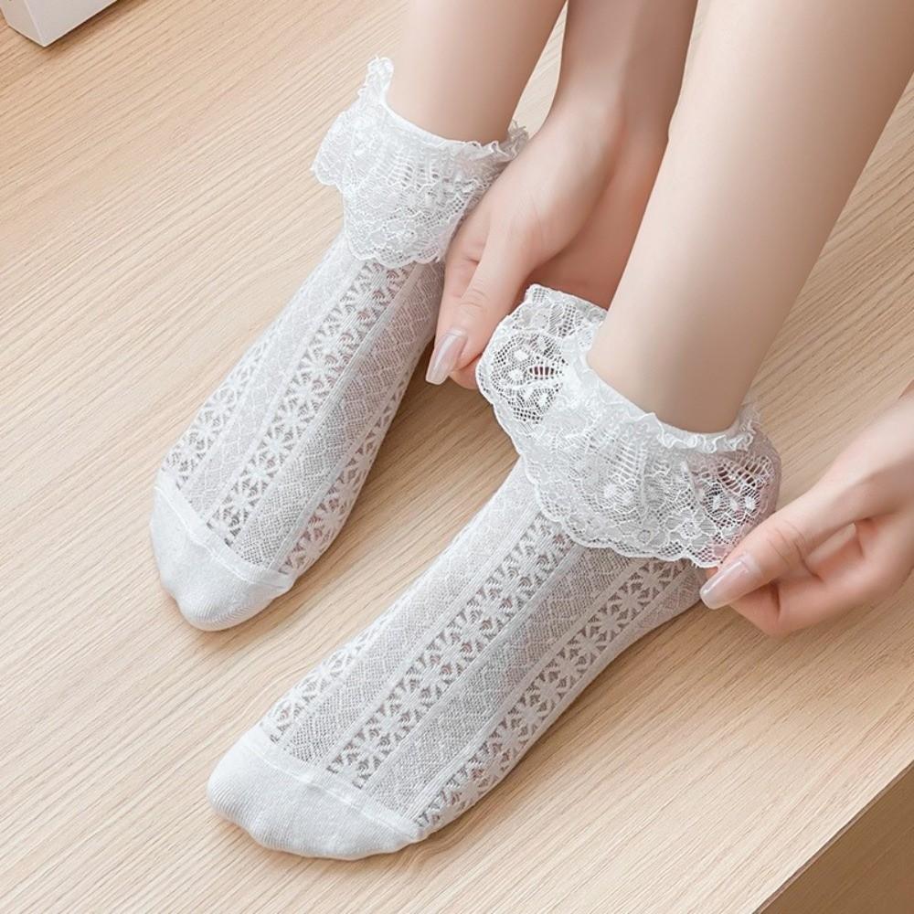1 pair Hollow Out Mesh Princess Bow Socks Breathable Ruffle Lace Socks Low Tube Socks Women Girls