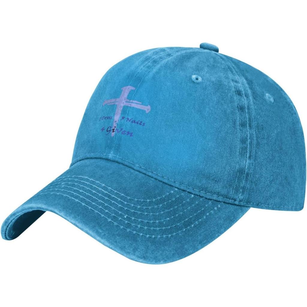 Christian Cross Nail Design Baseball Cap Washed Denim Adjustable Low Profile Sun Hat for Unisex
