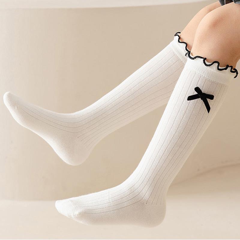 Girls White Bow Ruffle Knee High Socks Soft Lace Long Stockings Cute Spring Summer School Children Socks