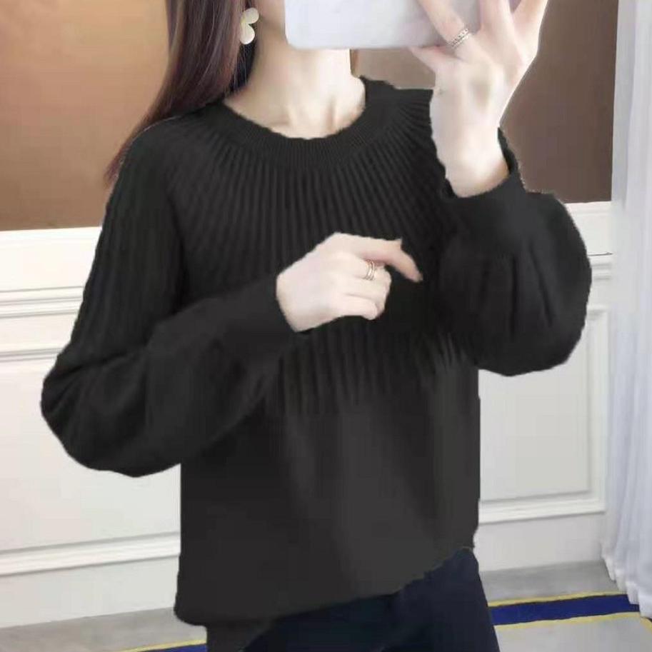 Round Neck Sweater Women's Hong Kong Style Solid Color Sweater Loose Casual Knitted Base Sweater Autumn and Winter
