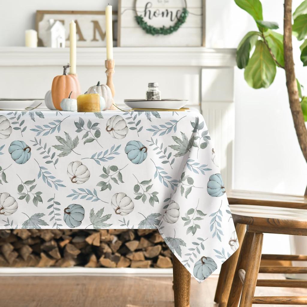 Fall Blue Pumpkins Leaves Waterproof Tablecloths Thanksgiving Party Decor Autumn Harvest Polyester Table Cloth For Table Decor