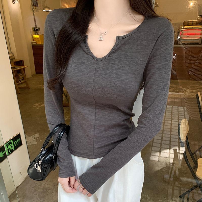 

Spice Girl Small Neck Open Line Slim-fit Clavicle Long Sleeve T-Shirt Women s Spring and Autumn Thin Front Shoulder Bottom Shirt Pure Desire Top One size fits all [recommended 80-60kg]