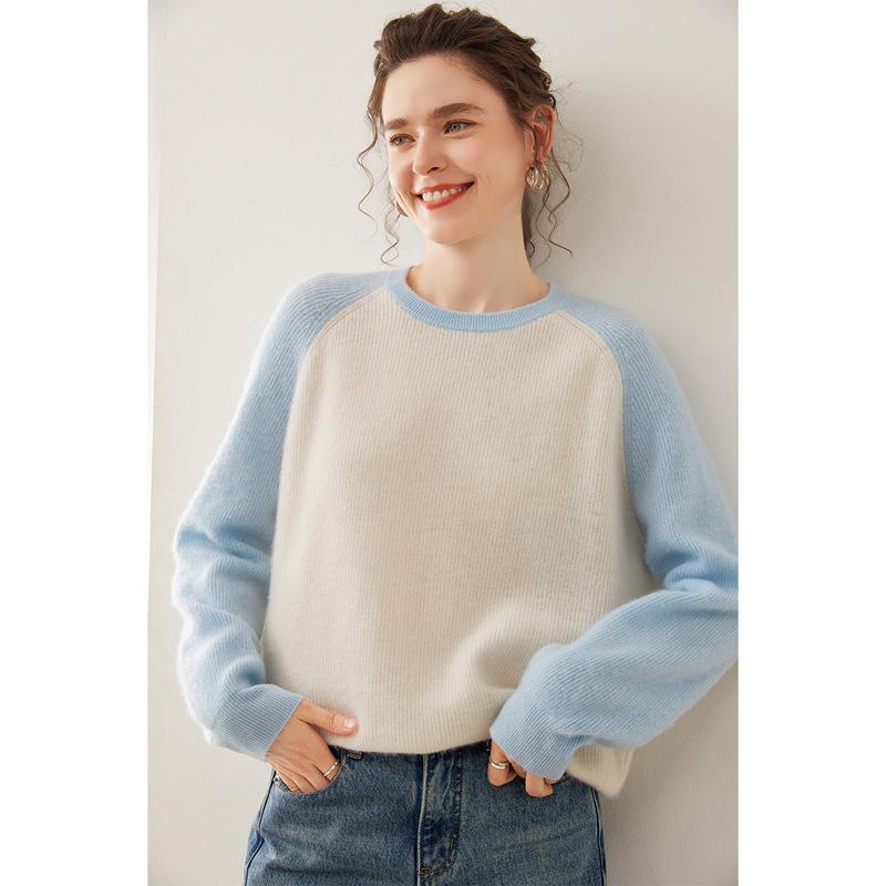 Women's Color Block Cashmere Sweater - Round Neck, Thick Knitwear for Autumn/Winter, Soft and Cozy Pullover