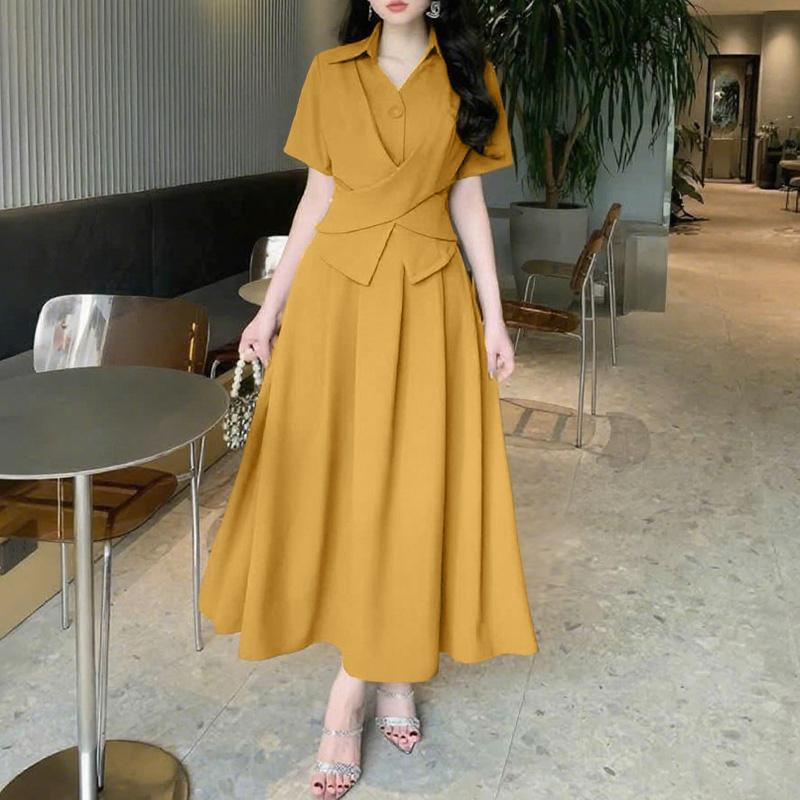 ZANZEA Women Casual Turn Down Collar Solid Color Summer Short Sleeve Dress