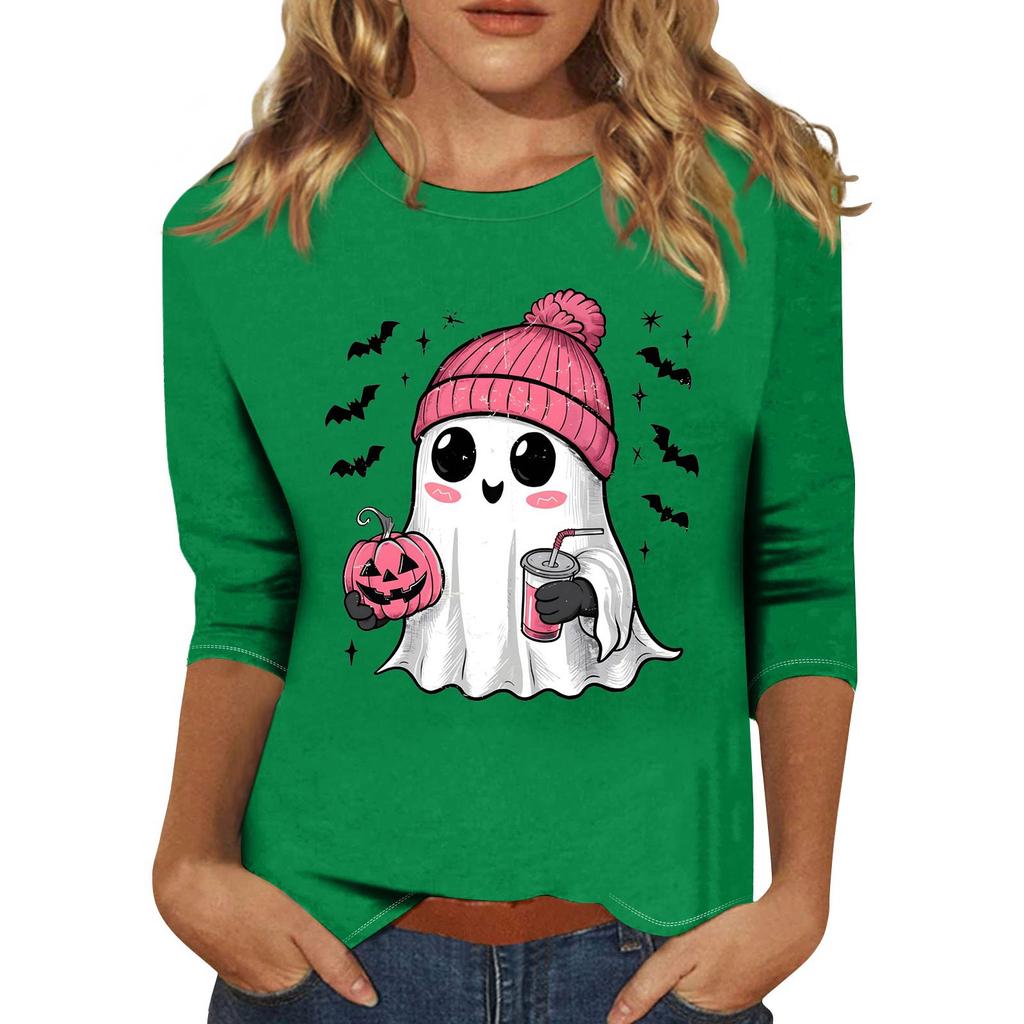 Women's Fashion Casual Three-Quarter Sleeve Halloween Print Round Neck T-Shirt Top
