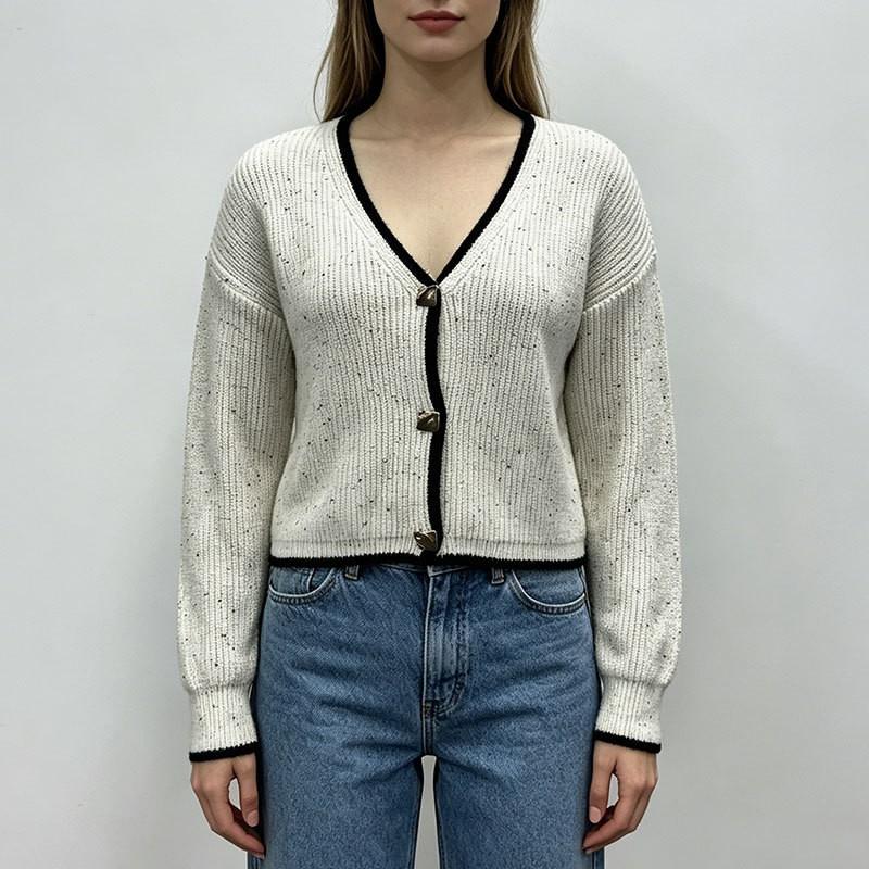 Womens Color Dotted Knit Cardigan Long Sleeve Round Neck Gold Buttons Casual Street Style