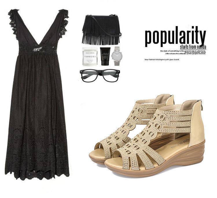 2024 Women's Rhinestone Peep Toe Wedge Sandals - Summer Mid Heel, Soft Sole, Open Toe