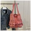 Fashion Drawstring Bag Large Capacity Plaid Tote Bag All-match Lotus Leaf Shoulder Bag  Storage Bag