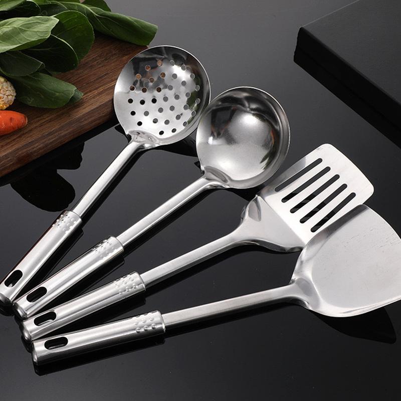 4 Pcs Durable Stainless Steel Wok Spatula Long Handle Kitchen Gadgets Kitchen Cooking Utensil Set Rice Spoon Ladle Cooking Tools