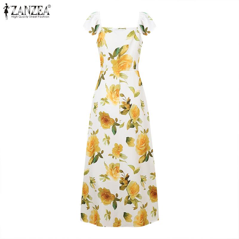 ZANZEA Vestido Casual de Mujer con Cuello en V, Manga Corta y Estampado Floral