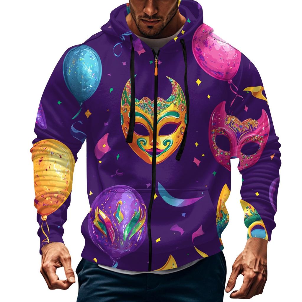 Men's Sports Casual Fleece Hoodie Carnival Print Hoodie Cardigan Zipper Multi-pocket Hoodie Coat