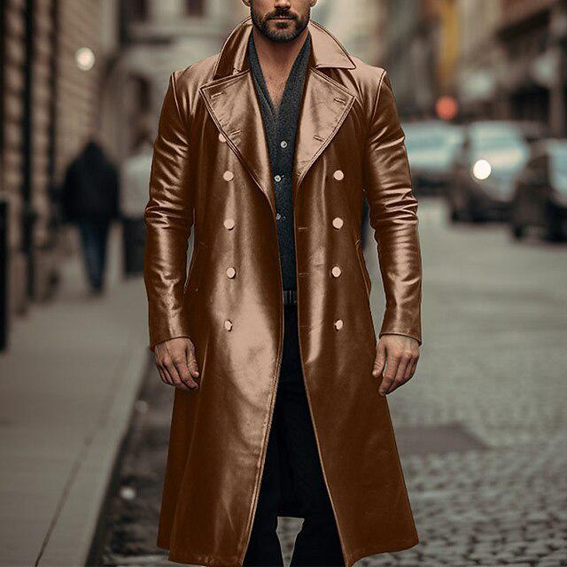Men's Plus Size Double-Breasted Leather Trench Coat - German Military Style for Autumn/Winter