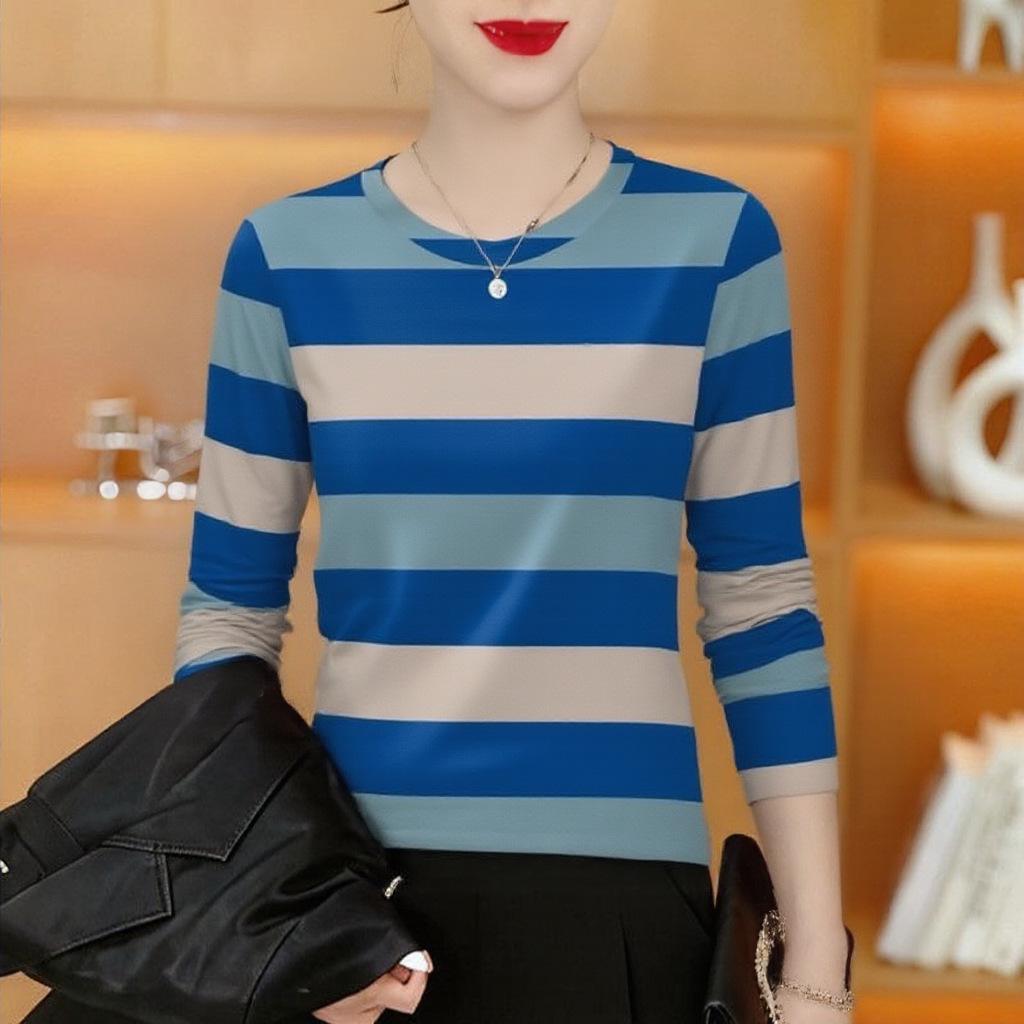 

Fashionable Striped Long-Sleeve T-Shirt for Middle-Aged Women: Age-Defying, Belly-Flattering, Stylish Design, Clearance Sale M
