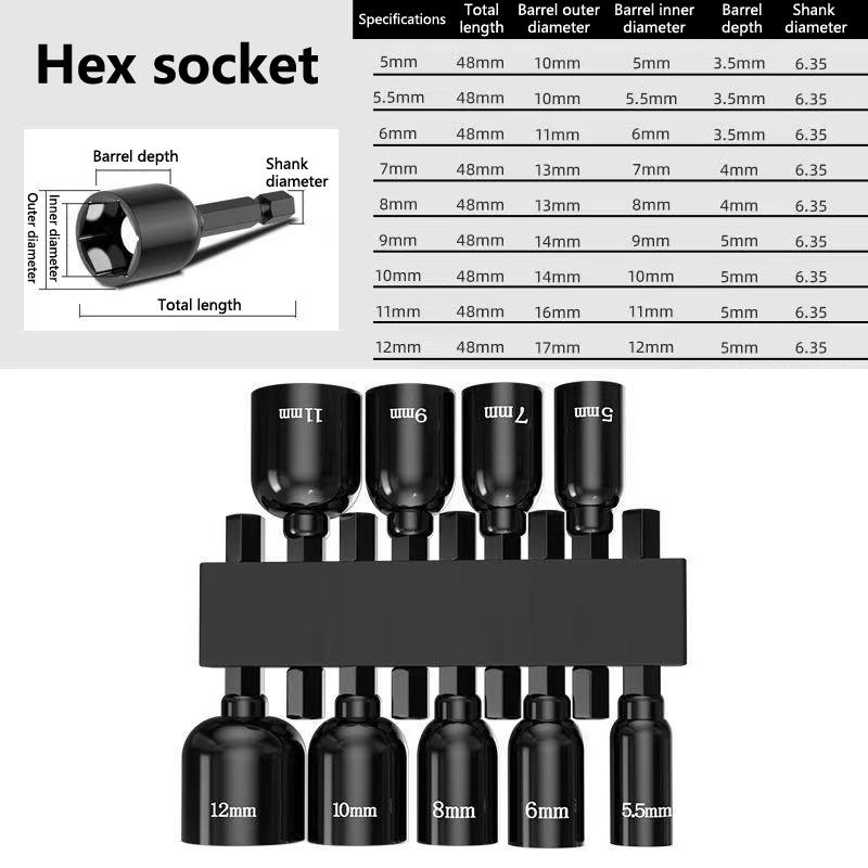 9Pcs Metric Hex Socket Drill Bits Chuck Adapter Power Nut Driver Set Electronic Hex Key Socket Kit With 1/4 Inch Hex Shank