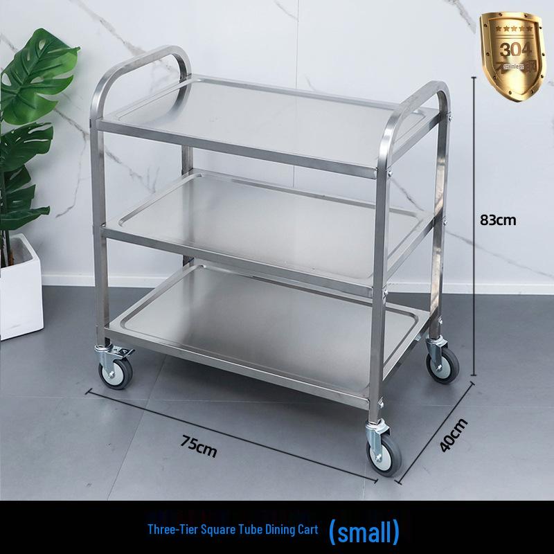 Three-tier Stainless Steel Service Cart: Meal, Food, Beverage, and Dish Collection Trolley for Restaurants and Hotels.