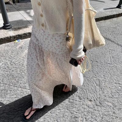 Women Sweet Small Floral High Waist Spliced Long Casual Maxi Skirt