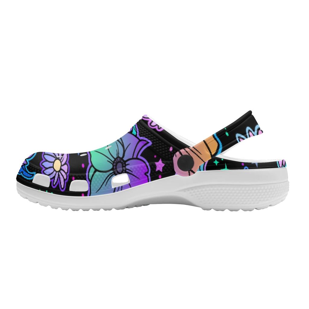 White EVA Clogs with Rainbow Skull Print, Lightweight Slip On Garden Shoes, Breathable Beach Sandals, Indoor Outdoor Slippers for Men Women