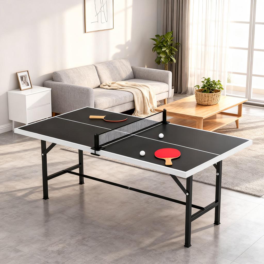 5ft Mid-Size Table Tennis Table, Ping Pong Table with Net, 2 Table Tennis Paddles and 3 Balls for Indoor Game, Black
