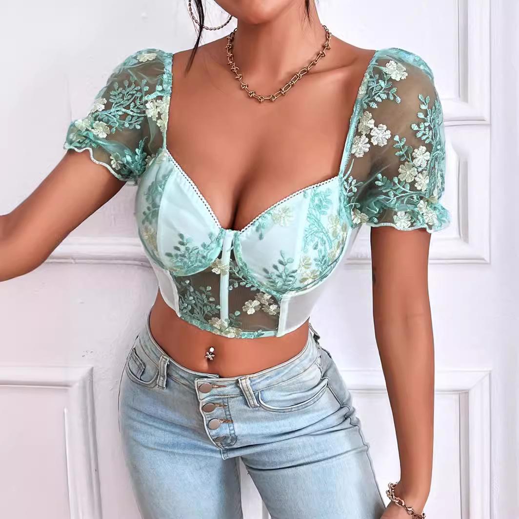 

Европейский и американский сексуальный топ с глубоким вырезом на спине и вышитыми сетчатыми рукавами-фонариками для женщин Large светло-зеленый