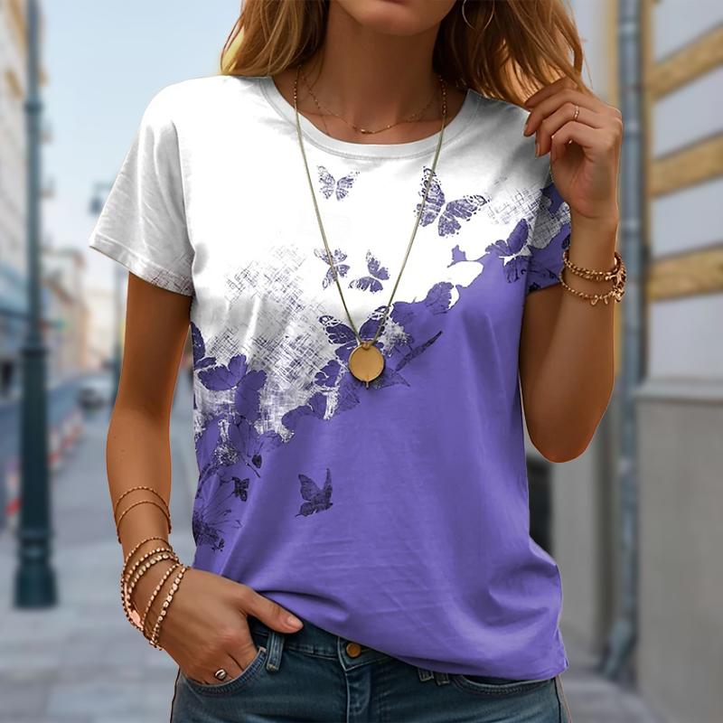 Damer Sommer T-skjorte Sommerfugl Retro Mote Kortermet T-skjorter Casual Trykte Topper