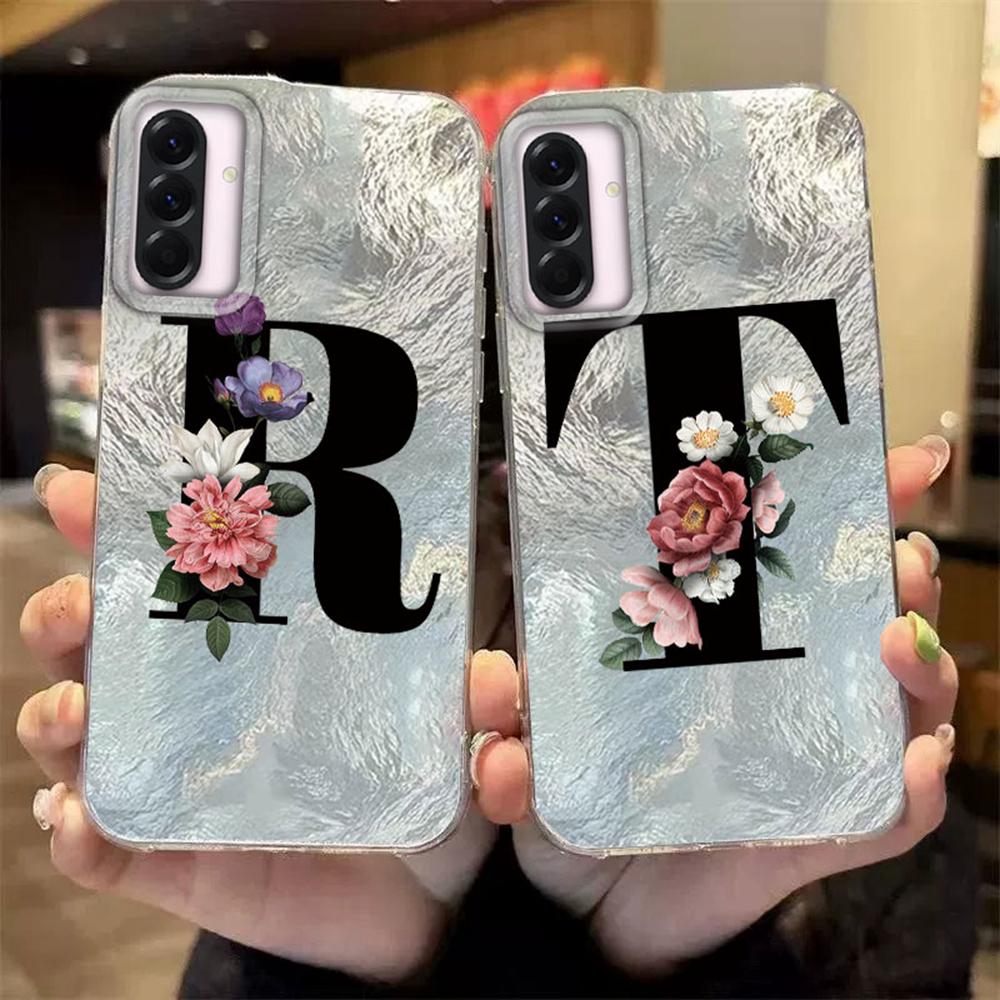 Black A-Z Letter Flower Laser Gradient For Samsung Galaxy A16 A36 A56 Phone Cases Cover Silicone Clear Soft Protect Back Bumper Hard PC Back Cover