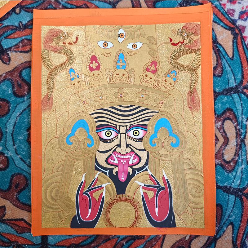 Hand-Painted Nepalese Buddha Thangka: Manjushri, Yellow Jambhala, Thousand-Armed Avalokiteshvara, Mahakala, Zhakilaamu Wall Hanging