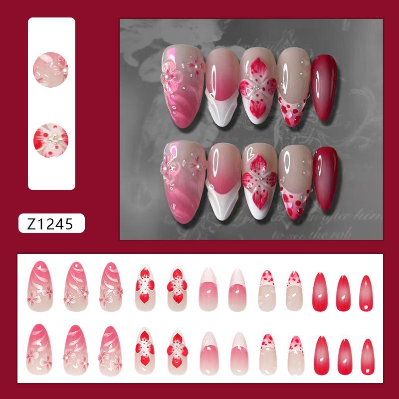 

Three-dimensional rose red gradual change French pearlescent lines pearl flowers European and American ins wind removable nail art pieces 24 pieces