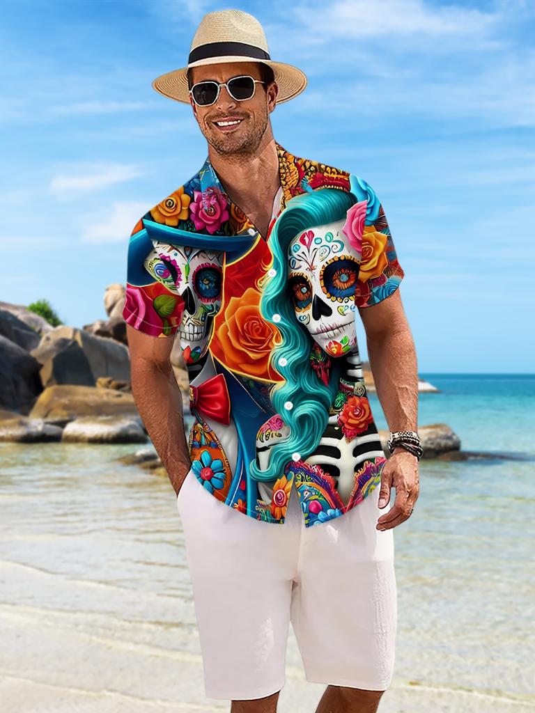 Nuova Camicia Casual a Maniche Corte da Uomo Teschio di Zucchero Coppia Fiori Intrecciati con Vestiti Colorati Stile Giorno dei Morti Festa Festiva Pendolarismo