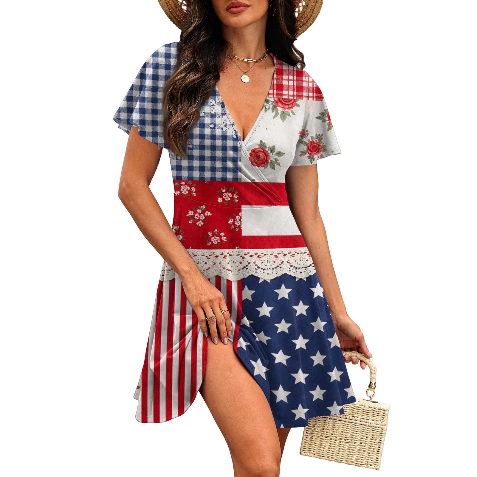 

Short Sleeve V Neck Wrap Dress with Lace Trim and Star Stripe Patchwork Pattern for Women Casual Summer Wear XL Кіновар