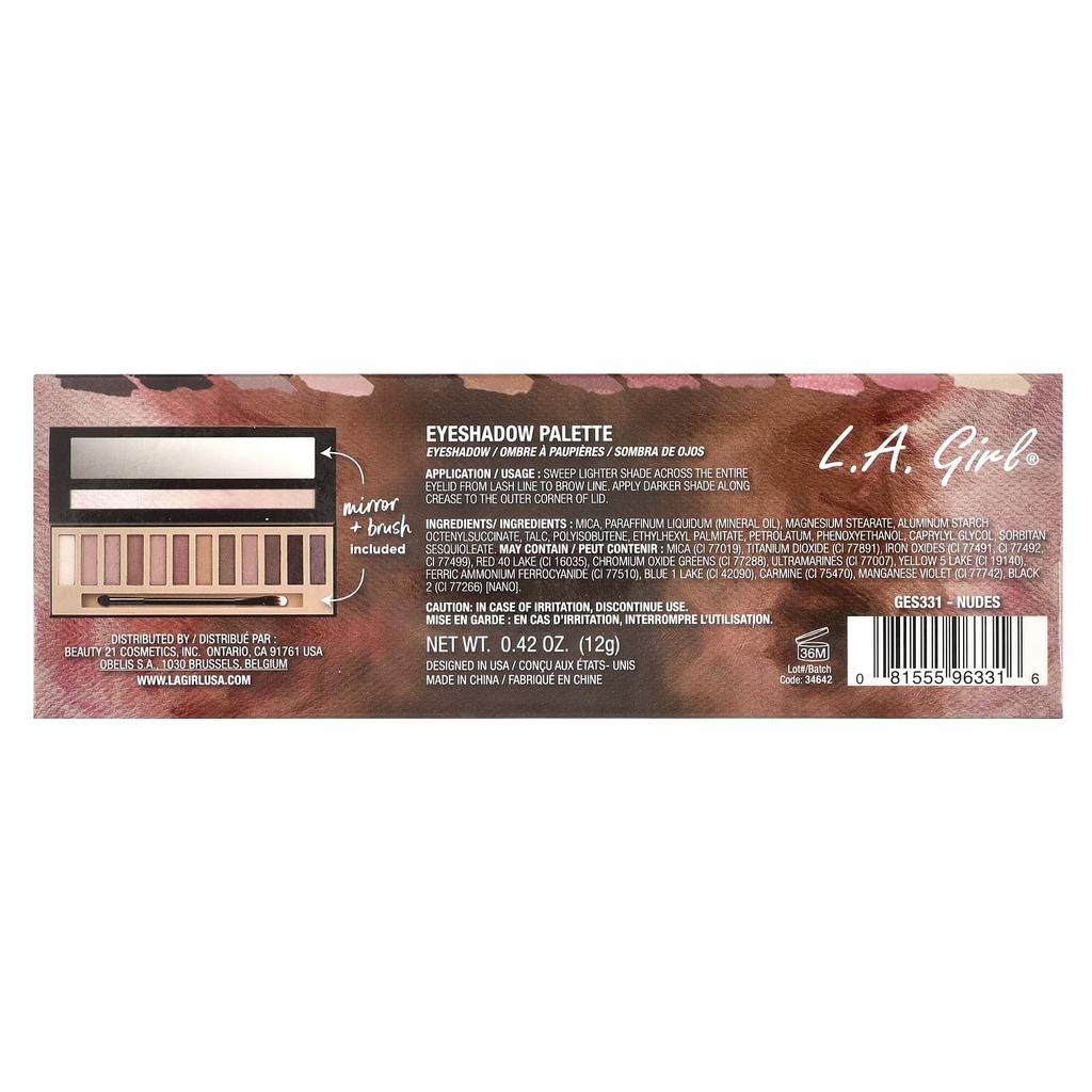 L.A. Girl Beauty Brick, 12 Color Eye Palette, Ges331 Nude, 12G(0.42Oz)