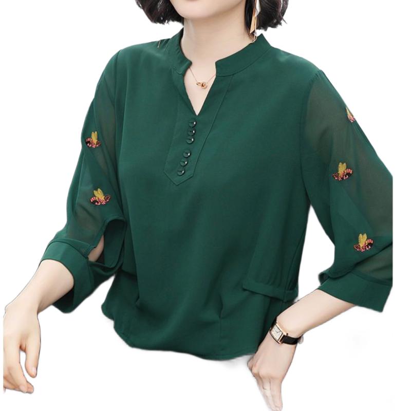 Damen Lässiger Pullover im koreanischen Stil mit Polokragen Locker Bestickte Chiffonbluse
