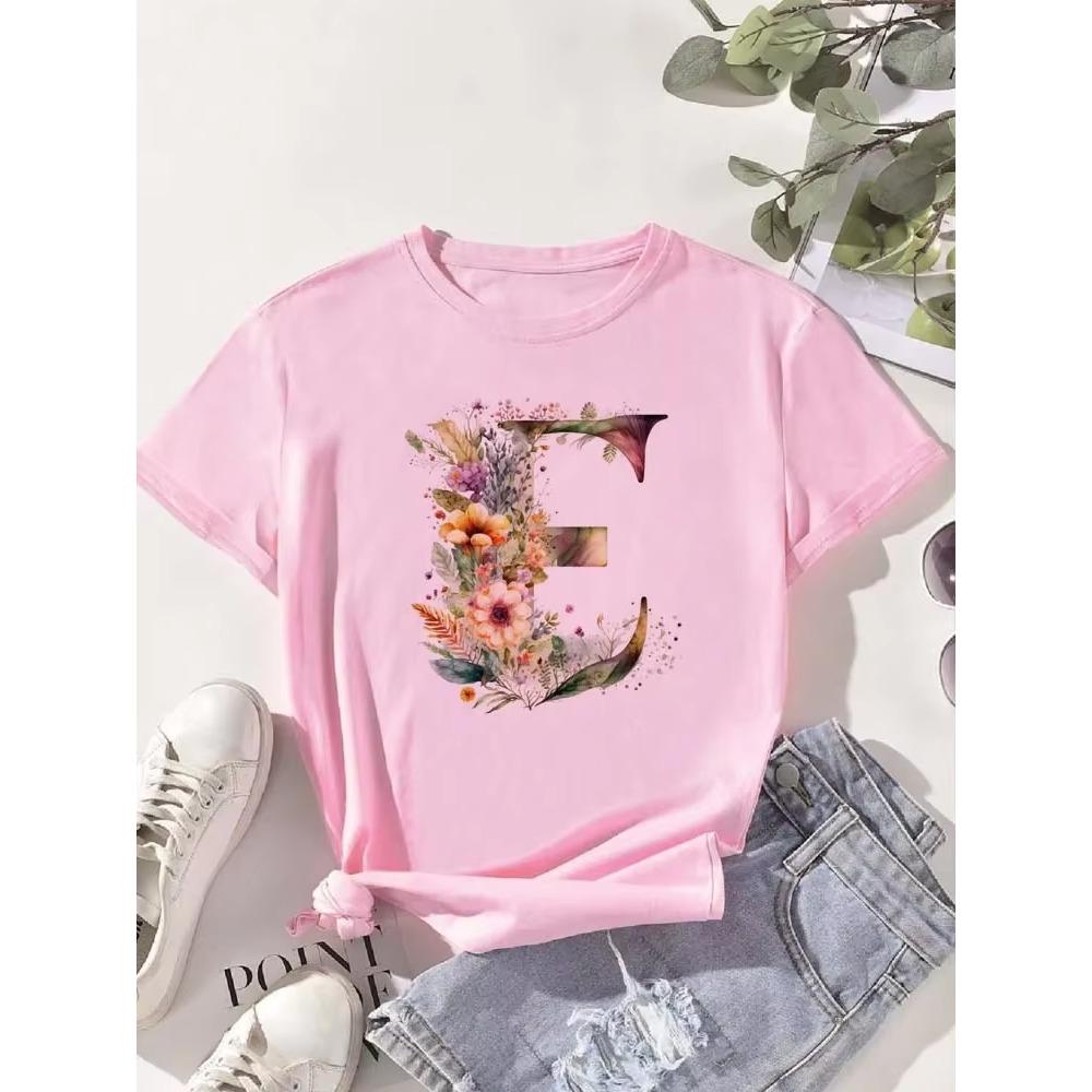 A B C D E English Alphabet Floral T Shirt Women New Summer Female T-Shirt Harajuku Casual Tops Tshirts