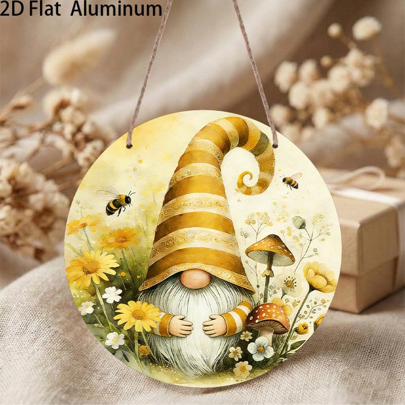 Spring Gnome Round Metal Sign, Aluminum Wreath Sign with Bumble Bee & Mushroom, Cute Honey Bee Tomte Hanging Plaque, Rustic Farmhouse Front Door Porch