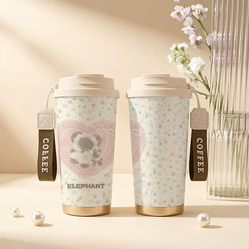 532ml Coffee Mug Floral Heart & Elephant Elements Lanyard Insulated Cup Gift Cup Outdoor Cup Heat Proof Travel Cup Hot Cold Cup