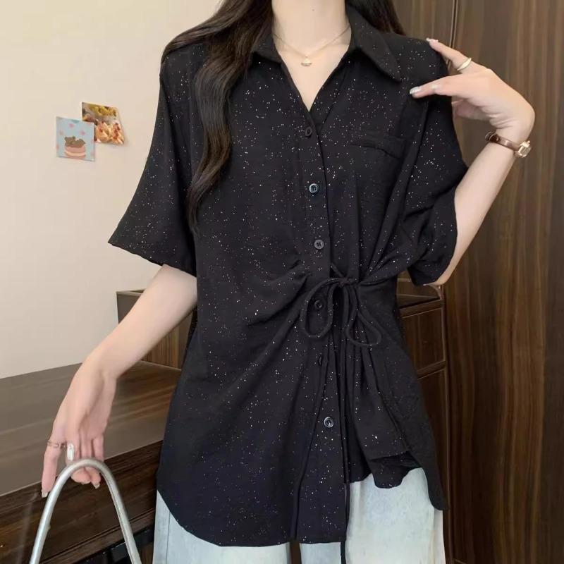 Women s White Textured Short Sleeve Drawstring Waist Button Down Shirt M чёрный