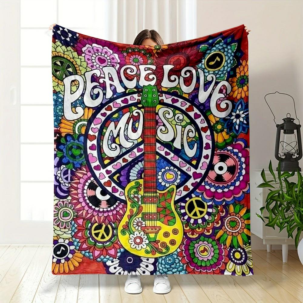 Colorful Peace Love Music Guitar Design Flannel Blanket for Bedroom, Living Room, Sofa, and Nap Sofas.